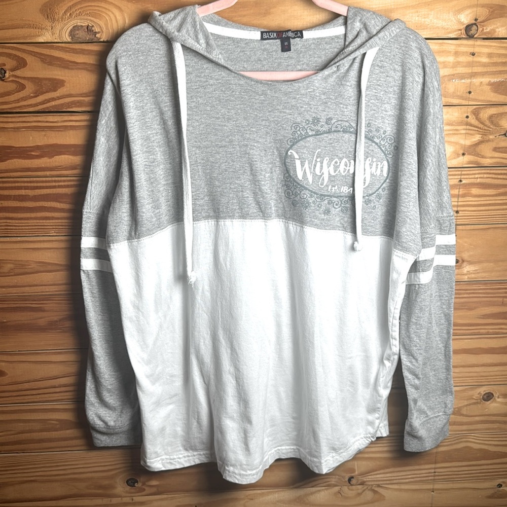 Basix of America medium gray & white t-shirt hoodie stripe sleeves Wisconsin